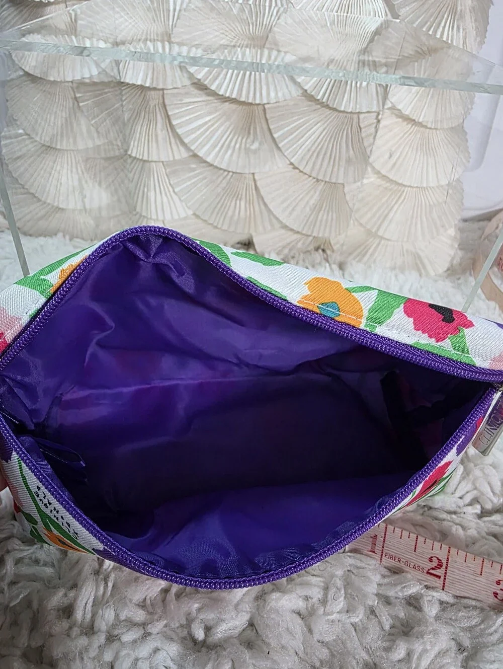 Clinique Floral Cosmetic Bag in White with Pink, Purple & Orange Blooms